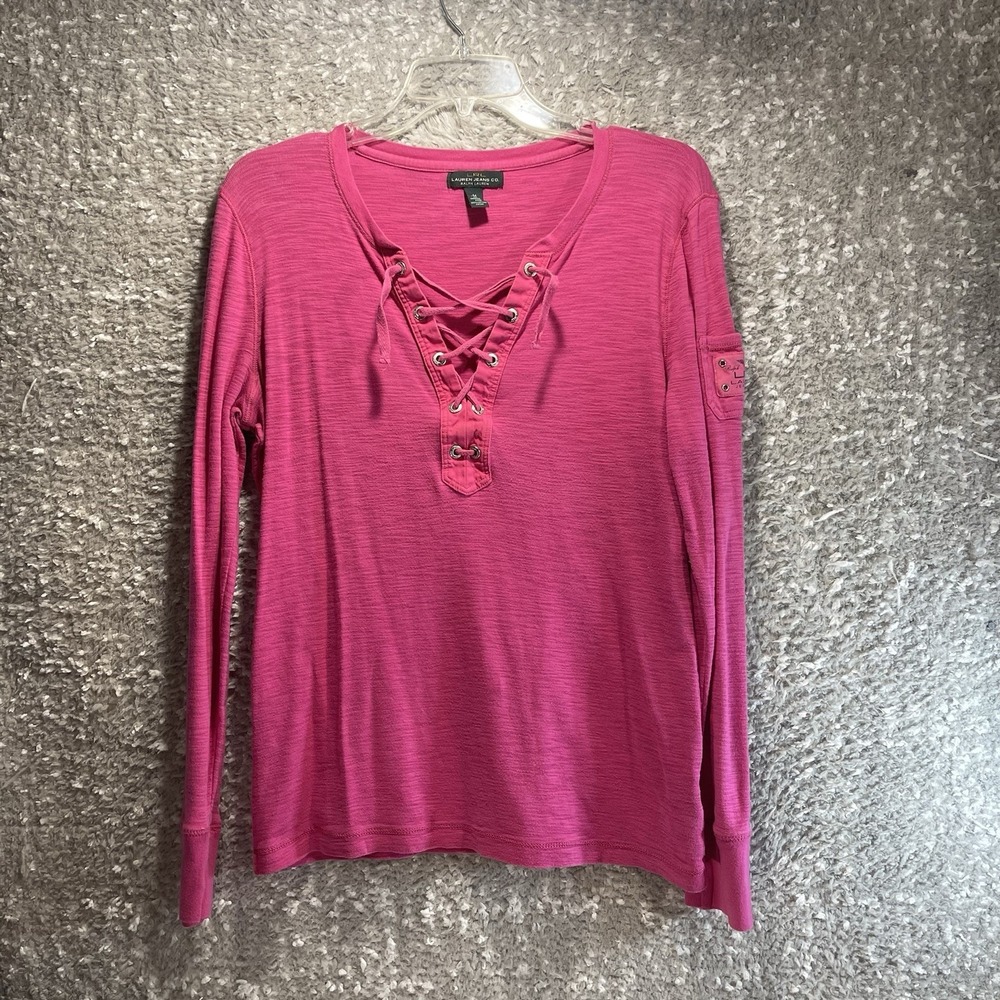 Ralph Lauren LRL Lace Up Long Sleeve Pink Tee Cotton M Preppy Casual